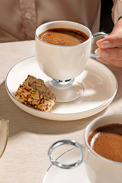 Nehir Karmen 6 Kişilik 12 Parça Platin Porselen Kahve Fincan Takımı