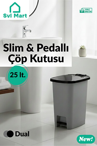 SVL MART 25 Litre Slim & Pedallı Plastik Çöp Kovası Çöp Kutusu İç Kovasız Sistem