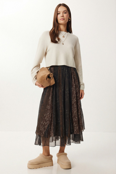 Lovelyİstanbul Fusta midi din șifon asimetrică plisată cu model LMC0082 MARO