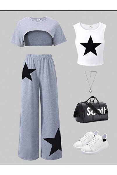 Kids Yazlık Gri Yıldız Baskılı Kız Çocuk Askılı Crop 3'lü Takım