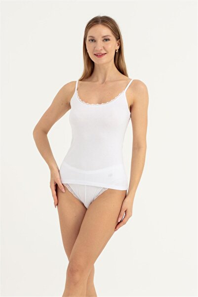 OBJE Kadın Beyaz Likra Cotton Önü Dantel Detay Atlet