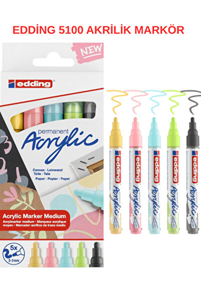 Edding 5100 Akrilik Markör Pastel 5’li Set – Yumuşak Tonlar, Çok Yüzeyli Kull...
