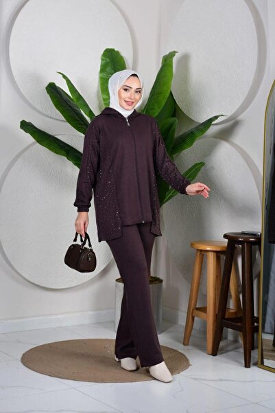 moda periy kadın Taş Detaylı Fermuarlı Kapşonlu Tesettür kombin ikili Takım