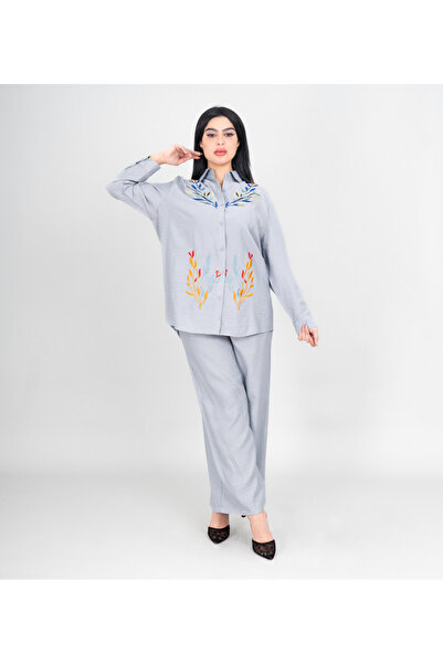 IKKXA طقم عصري من قطعتين، قميص وبنطال سادة بتفاصيل تطريز ملونة