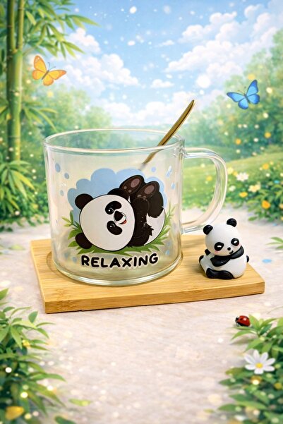 Two Two Premium Panda Design Glass Mug – 220ml with Spoon – Cute Coffee/Tea C...