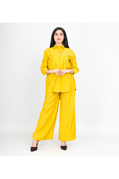 IKKXA Modern Two-Piece Outfit Shirt and Pants Wavy Crystal Details