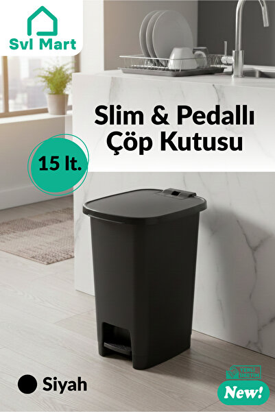 SVL MART 15 Litre Slim & Pedallı Plastik Çöp Kovası Çöp Kutusu İç Kovasız Sistem