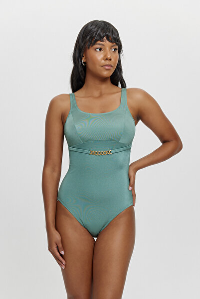 Louren Chain Detailed Square Neckline Gathering Women's Swimsuit – Slim Fit S...