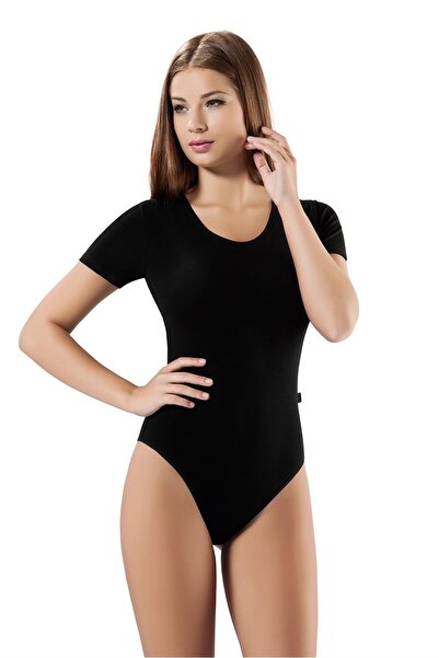 OBJE Kadın Siyah Cotton Yarım Kol Çıtçıtlı Body