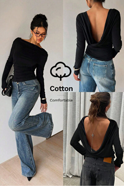 COOL TARZ بلوزة نسائية سوداء من القطن المرن بأكمام طويلة وظهر مكشوف