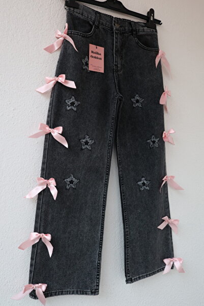Malika Golden Yıldız Desenli Pembe Kurdeleli Kız Çocuk Kot Pantolonu