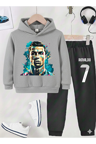 stil x طقم بدلة رياضية للأولاد مطبوع عليه رونالدو، قماش مزخرف بثلاث خيوط