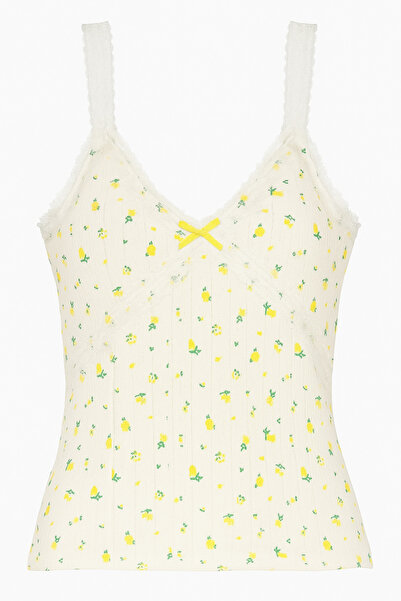 OBJE Women's Yellow Floral Lace Ribbed Undershirt