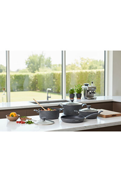 Generic Turkish granite cookware set with glass lid, 14 pieces