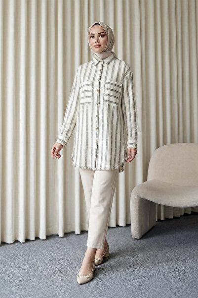 MODAQU Linen Tunic with Tassel Detail at Hem - Beige