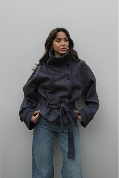 Havoş Gray Blue Sams High Collar Belted Suede Jacket