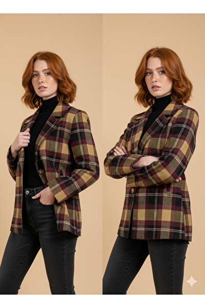 Foola Moda Kadın Yün Karışımlı Blazer Ceket - Retro Ekose Desenli Düğmeli Kaş...