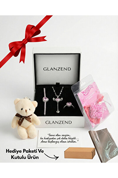 GLANZEND Gümüş Kalp Bileklik Kanatlı Kolye Kalp Yüzük Mini Buket Ve Ayıcık