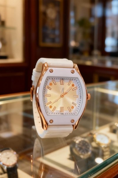 Ticen Turkuaz, Rose Gold Kare Kasa Kadın Kol Saati – Beyaz Silikon Kordon, Şı...