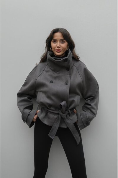 Havoş Anthracite Sams High Collar Belted Suede Jacket