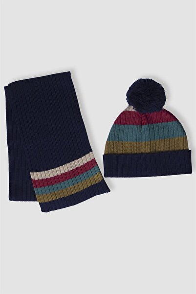 OBJE Boy's Navy Blue Pompom Scarf and Beanie Set