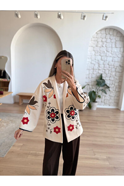 Sosyete Kaplumbağa Colorful Punch Embroidery Vintage Cashmere Jacket