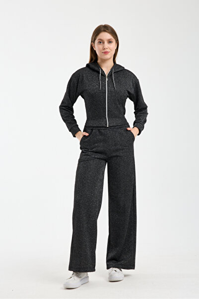 3 ROPE Women's Silvery Glitter Fabric Zippered Tracksuit Top and Bottom Sweat...