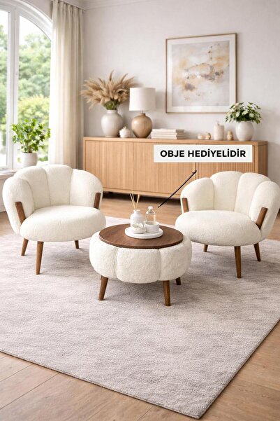 KOKİ DESİGN STAR CEVİZ Kırık Beyaz 2 Adet Papatya Berjer + 1 Adet Sehpa (5 PA...