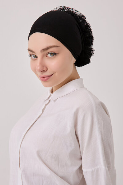 SilkTouch Black Turban Hijab with Sewn Ruffles