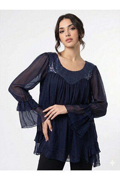 della moor Navy Blue Italian Collar Sequined Lined Silk Blouse