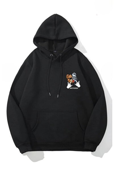 ALCİNOUS Unisex Oversize Dareto Explore Printed Hooded Black Sweatshirt