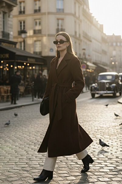 gm giyimarket Women's Knee-Length Cashmere Coat with Pockets and Belted Waist