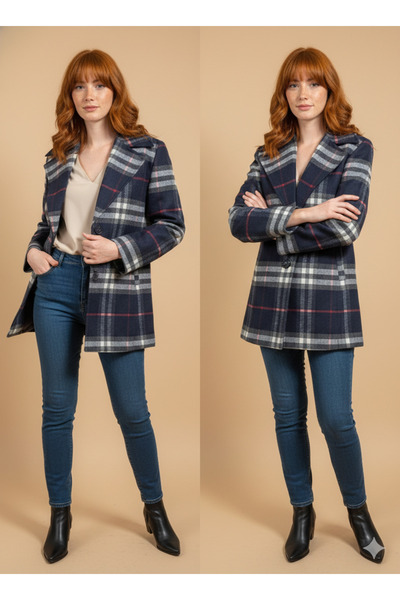 Foola Moda Kadın Yün Karışımlı Blazer Ceket - Retro Ekose Desenli Düğmeli Kaş...