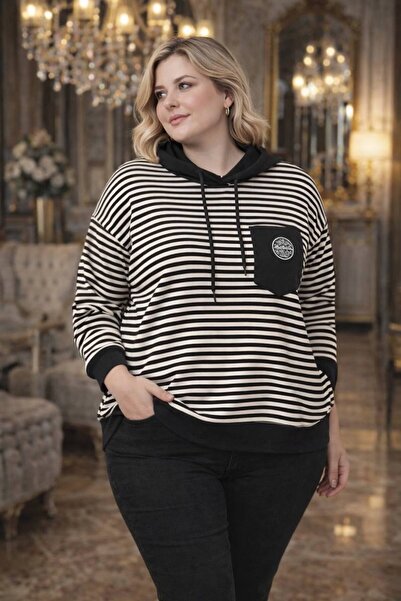 TUSSE Bluză sport elegantă pentru femei, cu glugă, cu dungi și aplicații de p...