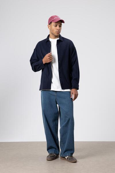 VAMOSCLO Textured Oversize Shirt Jacket Navy Blue