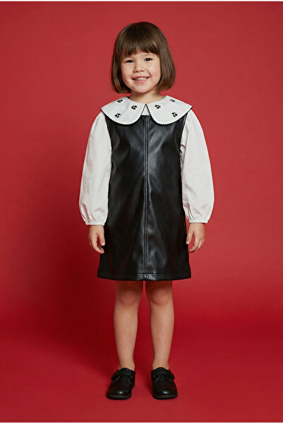 Magu Girl's Cotton Shirt Dress with Leather Look