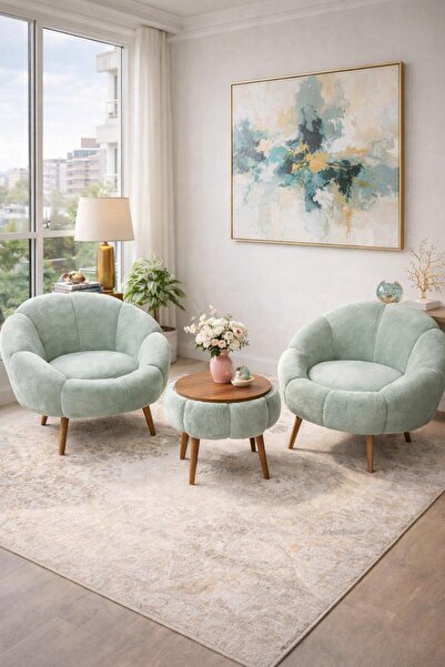 KOKİ DESİGN LİDA Yeşil Wellsoft İkili Berjer Seti ÖZEL SEHPALI