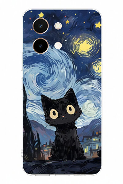 TechTree حافظة من السيليكون مطبوعة بتصميم قطة منتصف الليل متوافقة مع هاتف Viv...