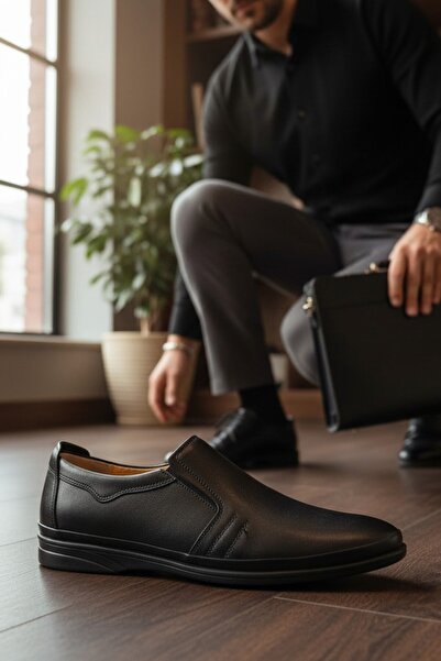 enoch Genuine Leather Black Orthopedic Side Stripe Stitched Men's Dad Shoes
