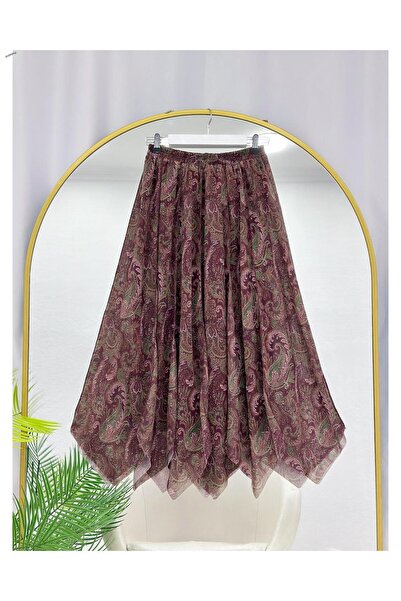 YEDİLALE ASİMETRİK KESİM ŞAL DESEN ŞİFON ETEK [ astarlı, 90\95 cm ort]