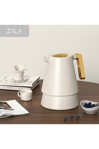 ZALA Modern Cream White 1 Liter Thermos Flask with Golden Coated Handle, Glas...