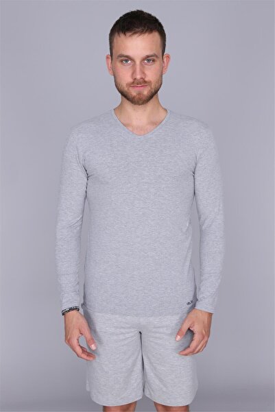 OBJE قميص داخلي رجالي من القطن الليكرا باللون الرمادي وياقة على شكل حرف V وأك...