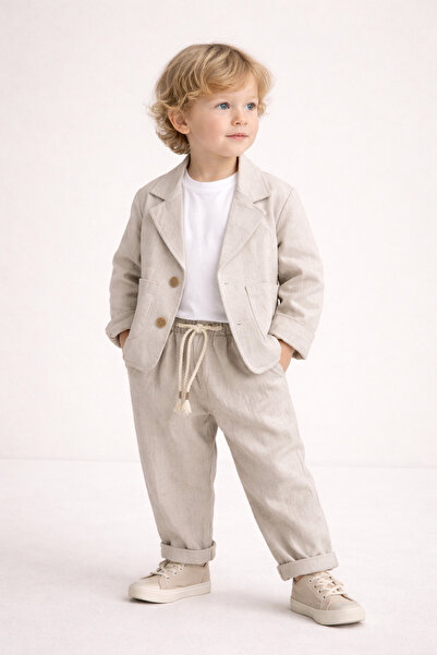 ecoo kids Erkek Çocuk 3’lü Takım Keten Ceket, Tişört ve Jogger Bel Keten Pant...