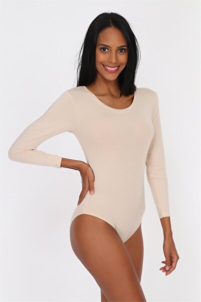 OBJE Kadın Ten Penye Modal Açık Yaka Uzun Kol Çıtçıtlı Body