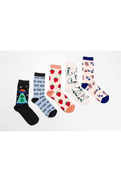 OBJE Unisex Ecru Floor Cat Pattern 5-Piece Socks