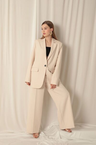 Kaktüs Women's beige wide-leg trousers made of satin fabric - Turkish made