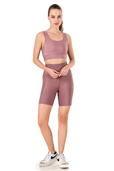 OBJE Women's Dusty Rose Laser Cut Short Sports Leggings with Pockets