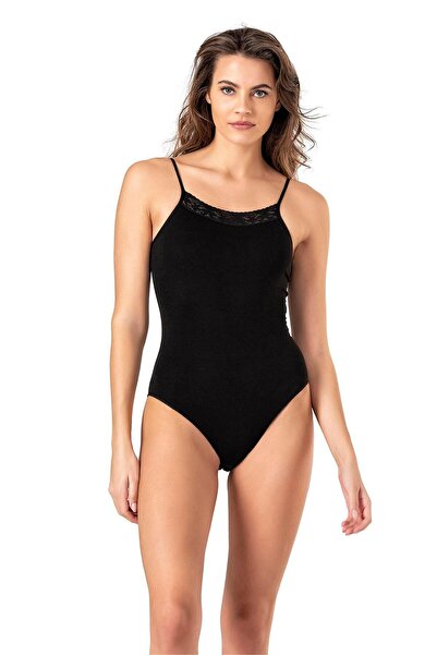 OBJE Women's Black Cotton Strap Bodysuit D Lace I with Snap Fasteners