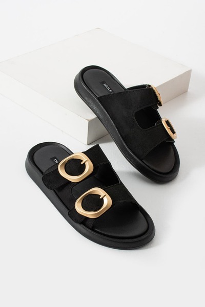 diclepolat Women's Suede Double Buckle Soft Sole Casual Slippers Nacho