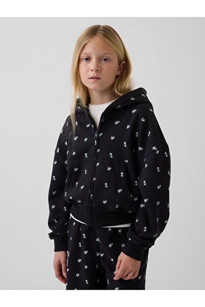 GAP Kız Çocuk Siyah VintageSoft Oversized Logo Fermuarlı Sweatshirt